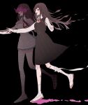  2girls absurdres apron asymmetrical_bangs bandages bandaid black_background black_hair blood blush breasts colored_blood commentary_request danganronpa_(series) danganronpa_2:_goodbye_despair enoshima_junko highres long_hair looking_at_another multiple_girls multiple_views nail_polish open_mouth pink_blood pink_shirt puffy_short_sleeves puffy_sleeves raamensusure reaching reaching_towards_another shirt shoes short_sleeves simple_background skirt smile teeth tsumiki_mikan white_apron 