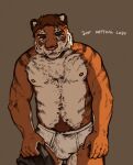 anthro body_hair bottomwear briefs brown_hair bulge chest_hair clothing dialogue dwc dwcmarshalarts felid hair hi_res holding_bottomwear holding_clothing holding_object holding_pants male mammal pantherine pants pubes_exposed simple_background solo teeth tiger tighty_whities underwear undressing whiskers white_briefs white_clothing white_underwear
