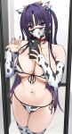  1girl animal_ears animal_print bare_shoulders bikini black_nails breasts bridal_gauntlets cellphone collar collarbone commentary covered_mouth cow_ears cow_horns cow_print cow_print_bikini cow_print_bridal_gauntlets cow_print_thighhighs ear_piercing fake_animal_ears fake_horns fingernails front-tie_bikini_top front-tie_top hair_ornament hairband hands_up highres holding holding_phone horns large_breasts long_fingernails long_hair mask mole mole_on_breast mole_under_eye mouth_mask nail_polish navel original phone piercing print_bikini print_bridal_gauntlets print_thighhighs purple_eyes purple_hair red_collar selfie side-tie_bikini_bottom side_ponytail sideboob smartphone solo stomach sukebewe swimsuit thighhighs thighs underboob 