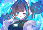  1girl :3 animal_ear_headphones animal_ears asakura_neko black_shirt blue_eyes blue_hair blue_theme brown_hair cat_ear_headphones cat_ears chinese_clothes cleavage_cutout clothing_cutout colored_inner_hair commentary cytus cytus_ii dress fake_animal_ears headphones hood hood_down ice_blue_rose jacket meowbot multicolored_hair one_eye_closed shirt solo streaked_hair tongue tongue_out white_jacket 