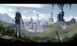  1girl animal_ears artist_name ashisi bad_id bad_pixiv_id bad_source belt_pouch black_bodysuit black_jacket blue_eyes bodysuit cropped_jacket fake_animal_ears from_behind grey_hair highres holding holding_sword holding_weapon jacket landscape original pouch sword weapon 