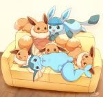  animal_focus blue_fur blush brown_eyes brown_fur cetacean_tail closed_mouth commentary_request couch eevee fins fish_tail forked_tail glaceon head_fins highres lying mimix no_humans on_couch on_side on_stomach one_eye_closed open_mouth pokemon pokemon_(creature) pokemon_focus smile tail vaporeon 