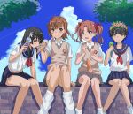  4girls black_hair blue_sailor_collar blue_skirt blush bow brown_eyes brown_hair brown_sweater_vest collared_shirt commentary_request day dropped_food embarrassed flower grey_skirt hair_bow hair_flower hair_ornament hairclip head_wreath highres ice_cream_cone licking licking_finger long_hair loose_socks melting_ice_cream miniskirt misaka_mikoto mitsunari_(708154) multiple_girls neckerchief outdoors pleated_skirt red_bow red_neckerchief sailor_collar sakugawa_school_uniform saten_ruiko school_emblem school_uniform serafuku shirai_kuroko shirt short_hair short_sleeves sitting_on_wall skirt socks summer_uniform sweater_vest toaru_kagaku_no_railgun toaru_majutsu_no_index tokiwadai_school_uniform twintails uiharu_kazari v-neck white_shirt white_socks yuri 
