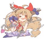  1girl ahoge blonde_hair blush_stickers bow chain chained_wrists commentary fang gourd hair_bow highres holding holding_gourd horns htk_mikan ibuki_suika long_hair looking_at_viewer low-tied_long_hair one_eye_closed open_mouth sidelocks signature simple_background solo touhou untranslatable_commentary white_background 
