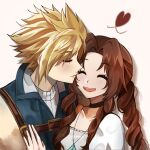  1boy 1girl aerith_gainsborough aerith_gainsborough_(garnet's_gown) biixeu black_choker blonde_hair blue_vest braid braided_ponytail brown_hair choker closed_eyes closed_mouth cloud_strife cloud_strife_(zidane's_outfit) collarbone commentary cosplay couple crystal english_commentary final_fantasy final_fantasy_vii final_fantasy_vii:_ever_crisis garnet_til_alexandros_xvii garnet_til_alexandros_xvii_(cosplay) hand_on_another's_chest hetero highres jewelry long_hair official_alternate_costume open_mouth parted_bangs pendant ribbed_shirt shirt short_hair sidelocks sleeveless sleeveless_turtleneck smile spiked_hair turtleneck upper_body vest white_background white_shirt zidane_tribal zidane_tribal_(cosplay) 