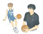  2boys aged_down ball basketball_(object) basketball_jersey basketball_shorts basketball_uniform black_eyes black_hair black_shirt blue_shorts blue_tank_top brown_eyes brown_hair choi_jongsu commentary_request couple full_body garbage_time highres holding holding_ball ki_sangho korean_commentary looking_up lower_eyelashes_only male_focus mole mole_under_eye multiple_boys nolnong4 number_print shirt shoes short_hair short_sleeves shorts sneakers socks sportswear tank_top translation_request white_shoes white_socks yaoi 