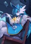  1girl absurdres alternate_hair_length_(longer) apron bags_under_eyes barcode_scanner bike_shorts blue_apron blue_hair blue_hat breasts buttons chair cleavage closed_mouth collared_shirt commentary cosplay covered_nipples crossed_legs dutch_angle english_commentary fang from_side gardevoir glowing half-closed_eyes hand_up hat highres holding indoors large_breasts long_hair mega_gardevoir mega_pokemon no_bra on_chair open_clothes open_shirt orange_eyes partial_humanization pipsivoir poke_ball_symbol poke_mart_clerk poke_mart_clerk_(cosplay) pokemon pokemon_(creature) profile shirt sitting skin_fang solo visor_cap yellow_trim 