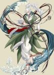  1boy ankle_ribbon asymmetrical_sleeves bangle black_gloves bracelet charm_(object) chinese_clothes closed_mouth commentary_request flats full_body gloves green_ribbon green_robe grey_eyes hair_between_eyes hanfu high_ponytail highres holding holding_ribbon jewelry jitome karako leaf_clothing leg_ribbon long_hair long_sleeves looking_at_viewer male_focus pants parted_bangs ponytail puffy_pants red_ribbon ribbon rice_dumpling_(the_tale_of_food) robe rope rope_belt sash shoes sideways_glance simple_background single_glove sleeve_cuffs smile solo the_tale_of_food waist_sash water white_hanfu white_pants white_ribbon white_robe white_shoes yellow_background 