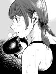  1girl boxing_gloves commentary_request eyebrows_hidden_by_hair from_side greyscale heavy_breathing highres lee_(dragon_garou) low_twintails monochrome original parted_lips portrait solo sweat tank_top twintails very_sweaty 