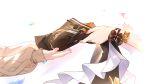  2girls absurdres aiguillette bad_link black_coat bracelet brown_sweater cable_knit coat game_asset gold_bracelet highres himeko_(honkai:_star_rail) himeko_(young)_(honkai:_star_rail) holding holding_coat holding_unworn_clothes honkai:_star_rail honkai_(series) jewelry multiple_girls nail_polish official_art red_nails scrunchie simple_background spoilers sweater unworn_coat white_background wrist_scrunchie 