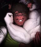  2boys antlers artist_name asgore_dreemurr bara beard biceps black_hair brown_fur choke_hold deltarune english_commentary facial_hair flexing floppy_ears furrowed_brow furry furry_male grin highres horns looking_at_viewer male_focus multiple_boys muscular muscular_male one_eye_closed paisearts reindeer_antlers reindeer_boy rudolph_holiday selfie signature smile strangling utdr_(toby_fox) veins veiny_arms white_fur 