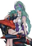  1boy 1girl absurdres aqua_hair armor artist_name black_gloves breasts cleavage commentary_request feet_out_of_frame gloves green_hair hetero highres jewelry league_of_legends leotard lipstick long_hair makeup mask medium_breasts mouth_mask necklace piscina purple_eyes red_eyes sitting sitting_on_lap sitting_on_person syndra_(league) very_long_hair white_background zed_(league) 