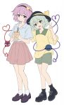  2girls :d absurdres black_hairband black_hat black_shoes black_socks blue_shirt blush bow closed_mouth collared_shirt commentary_request disembodied_linked_eye eyeball full_body green_eyes green_hair green_shorts hair_ornament hairband hat hat_bow heart heart_hair_ornament heart_of_string highres komeiji_koishi komeiji_satori loafers looking_at_viewer multiple_girls pink_eyes pink_hair pink_skirt pleated_skirt purple_shoes reoreo0716 shirt shoes short_sleeves shorts siblings simple_background sisters skirt smile socks touhou white_background white_socks yellow_bow yellow_shirt 