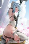  1girl absurdres ass blue_hair blue_sky breasts brunobrun9bruno commentary_request falling_petals feet flower flower_in_mouth green_eyes hair_flower hair_ornament highres leotard looking_at_viewer medium_hair petals pink_petals revision seed_(zenless_zone_zero) sky small_breasts soles solo stirrup_legwear toeless_legwear toes white_leotard zenless_zone_zero 