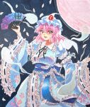  1girl absurdres black_ribbon blue_hat blue_kimono commentary_request falling_petals folding_fan frilled_kimono frills full_moon hand_fan hat highres holding holding_fan japanese_clothes kimono long_sleeves looking_at_viewer medium_hair mitsu~ mob_cap moon neck_ribbon night open_mouth petals pink_eyes pink_hair pink_petals ribbon saigyouji_yuyuko sleeve_garter smile solo touhou traditional_media triangular_headpiece wide_sleeves 