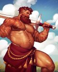  1boy absurdres amputee arm_tattoo asad_(axelwarriorvs) axel_(axelwarriorvs) bara beard beard_over_mouth belly brown_hair commentary day english_commentary facial_hair feet_out_of_frame full_beard highres large_pectorals male_focus mature_male multicolored_hair muscular muscular_male mustache navel navel_hair nipples original outdoors over_shoulder pectorals plump shiny_skin solo standing stomach streaked_hair strongman_waist sword sword_over_shoulder tattoo thick_arm_hair thick_beard thick_chest_hair thick_eyebrows thick_leg_hair thick_mustache thick_navel_hair thick_thighs thighs topless_male tsurime very_hairy weapon weapon_over_shoulder 