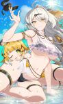 absurd_res accessory animal_ears animal_humanoid avian bent_arm big_breasts bikini bird black_bikini black_clothing black_panties black_swimwear black_underwear blonde_hair breasts cat_smile clothing colored_nails face_squish felid felid_humanoid female fluffy_ears furgonomics glistening glistening_hair green_eyes grey_hair hair hair_accessory hi_res human humanoid ju_fufu long_hair looking_at_viewer lying mammal mammal_humanoid markings midriff mihoyo mole_(marking) mole_on_breast nails narrowed_eyes navel one_eye_closed pantherine pantherine_humanoid panties partially_submerged qingming_(zzz) ribbons sitting sky sparkles sparkling_eyes squish striped_hair sun swimwear tail tail_accessory tail_ribbon thigh_strap thiren tiger_humanoid tongue tongue_out tuyumori1111 two-piece_swimsuit underwear water wet white_hair yellow_clothing yellow_eyes yellow_nails yellow_panties yellow_underwear yixuan_(zzz) zenless_zone_zero