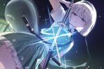  1girl black_bow black_bowtie black_hairband bow bowtie collared_shirt commentary falling_petals frilled_skirt frills glint green_eyes green_skirt green_vest grey_hair hairband highres hitodama holding holding_sword holding_weapon katana konpaku_youmu konpaku_youmu_(ghost) looking_at_viewer multiple_swords petals pink_petals pleated_skirt sarukana sheath shirt short_hair skirt skirt_set solo sword sword_on_back touhou unsheathing vest weapon weapon_on_back white_shirt 