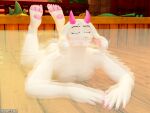 3d_(artwork) 4:3 anthro bovid caprine clothing clothing_aside colored_nails darkner deltarune digital_media_(artwork) eyes_closed eyewear femboy fur glasses goat hair hi_res horn hot_spring looking_at_viewer male mammal nails okamical partially_submerged pawpads pink_eyes pink_horn pink_nails ralsei sauna sitting solo speedo steam swimming_pool swimwear undertale_(series) water white_body white_fur