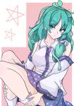  1girl absurdres antenna_hair blue_skirt border closed_mouth collarbone collared_shirt commentary detached_sleeves frog_hair_ornament green_eyes green_hair hair_ornament hair_tubes highres kakineko kochiya_sanae long_hair looking_at_viewer pentagram pink_background polka_dot polka_dot_skirt shirt skirt snake_hair_ornament socks solo touhou white_border white_shirt white_socks 