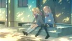  1girl 1other :d akiyama_mizuki black_ribbon black_shoes black_thighhighs blonde_hair blue_skirt bow bowtie brown_cardigan brown_shoes buttons cardigan carrying closed_mouth collared_shirt colorful_palette dappled_sunlight diagonal-striped_bow diagonal-striped_bowtie diagonal-striped_clothes dot_nose drill_hair drill_ponytail drill_sidelocks drink_carton from_side full_body game_asset gradient_hair grey_serafuku hair_ribbon heart high_side_ponytail highres juice_box kamiyama_high_school_uniform_(project_sekai) kimi_no_tonari_kimi_to_miru_ashita_(project_sekai) kneehighs loafers long_hair long_sidelocks long_sleeves looking_at_another miniskirt miyamasuzaka_girls'_academy_school_uniform multicolored_hair neckerchief necktie official_art open_cardigan open_clothes open_mouth outdoors pink_eyes pink_hair plaid_clothes plaid_skirt pleated_skirt ponytail profile project_sekai puffy_long_sleeves puffy_sleeves purple_cardigan red_bow red_bowtie red_necktie ribbon sailor_collar school_uniform serafuku shirt shoes side_ponytail sidelocks sitting skirt smile socks striped_bow striped_bowtie striped_clothes sunlight tenma_saki thighhighs third-party_source twintails two-tone_ribbon white_ribbon white_sailor_collar white_shirt white_socks wing_collar zettai_ryouiki 