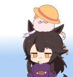  1girl bandaid bandaid_on_face bandaid_on_nose biwa_hayahide_(umamusume) black_hair blue_background blunt_bangs blush chibi chibi_only commentary_request double-parted_bangs glasses gomashio_(goma_feet) gradient_background hat horse_girl jitome long_hair narita_brian_(umamusume) on_head print_shirt purple_shirt red-framed_eyewear semi-rimless_eyewear shirt short_sleeves straw_hat umamusume under-rim_eyewear upper_body white_background yellow_eyes yellow_hat 