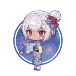  1girl bag blue_kimono cassia_(artist) chibi chibi_only cytus cytus_ii dark_skin drawstring drawstring_bag fireworks hair_bun hair_ornament highres holding_kinchaku ivy_(cytus) japanese_clothes kanzashi kimono kinchaku obi pouch print_kimono red_eyes sandals sash socks solo white_hair white_socks zouri 