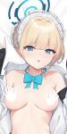  arukamikad black_gloves blonde_hair blue_archive blue_eyes blue_hair blush breasts censored censored_nipples collar commentary_request dakimakura_(medium) detached_collar elbow_gloves fingerless_gloves gloves halo highres looking_at_viewer lying medium_breasts multicolored_hair on_back open_mouth short_hair solo toki_(blue_archive) two-tone_hair white_collar 
