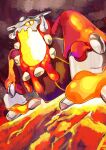  brown_sky heatran highres lava mega_evolution mega_heatran mega_pokemon no_humans open_mouth pokemon pokemon_(creature) pokemon_focus qua signature sky solo yellow_eyes 