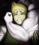  2boys artist_name asgore_dreemurr bara beard biceps choke_hold colored_skin commentary deltarune english_commentary facial_hair flexing floppy_ears flowery_(deltarune) furrowed_brow furry furry_male grin highres looking_at_viewer male_focus multiple_boys muscular muscular_male one_eye_closed paisearts selfie signature smile strangling utdr_(toby_fox) veins veiny_arms white_fur yellow_skin 