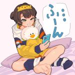  1girl aqua_eyes bare_legs barefoot bed_sheet blush brown_hair cellphone commentary_request feet full_body goyu_moon hairband highres holding holding_phone hololive hood hood_down hoodie long_sleeves oozora_subaru oozora_subaru_(loungewear) phone pillow short_hair simple_background single_sock sitting smartphone socks soles subatomo_(big) toes two_side_up virtual_youtuber white_background yellow_hairband 