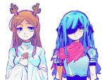  2girls antlers armor artist_request bang_dream! bang_dream!_it's_mygo!!!!! black_ribbon blue_eyes blue_hair brown_hair cape commentary cosplay deer_antlers deer_girl deltarune english_commentary hair_ribbon hands_on_own_chest horns kris_(deltarune) kris_(deltarune)_(cosplay) long_hair multiple_girls nagasaki_soyo noelle_holiday noelle_holiday_(cosplay) pink_cape ribbon robe second-party_source togawa_sakiko utdr_(toby_fox) white_robe yellow_eyes 