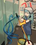  absurdres ave_mujica_(bang_dream!) bang_dream! bang_dream!_it's_mygo!!!!! blue_hair bonnet cleaning coif commentary gloves highres lunafeast mop open_mouth rubber_gloves standing tentacles togawa_sakiko toilet white_bonnet white_coif writing writing_on_wall yellow_eyes yellow_gloves 