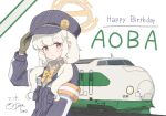  1girl aoba_(blue_archive) armband birthday blue_archive blue_hat blue_jacket bow bowtie brown_gloves brown_shirt collared_shirt commentary_request fluffy_hair gloves halo happy_birthday hat highlander_railway_academy_logo highres holding jacket light_smile long_sleeves looking_at_viewer low_twintails name_connection newsboy_cap orange_armband orange_halo peaked_cap red_eyes shinkansen shirt smile solo sweatdrop tomatama014 twintails white_background yellow_armband yellow_bow yellow_bowtie yellow_halo 