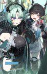  2girls absurdres animal_ears aqua_hair arcane_(arknights) arknights arknights:_endfield asymmetrical_gloves bird_ears bird_girl black_gloves black_hair blue_eyes blue_gloves blue_horns blue_jacket breasts chen_qianyu_(arknights) commentary_request dragon_girl dragon_horns dragon_tail eastern_dragon_horns eastern_dragon_tail elbow_gloves facial_mark forehead_mark gloves head_wings highres horns injury jacket large_breasts long_hair long_sleeves mismatched_gloves multicolored_gloves multiple_girls open_mouth sanshoku_dango_(shukosuko) tail two-sided_gloves two-tone_cape two-tone_gloves white_gloves wings 
