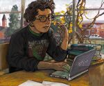  book brown_hair chair chinese_commentary commentary_request computer dark-skinned_male dark_skin face_piercing glasses highres hogwarts_legacy indoors laptop looking_at_viewer lycaenopsis mouth_piercing paper piercing pile_of_books scenery shirt sitting table tree wizarding_world 