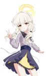  1girl absurdres aoba_(blue_archive) black_collar blonde_hair blue_archive blue_bow blush bow breasts buttons closed_mouth collar commentary cowboy_shot dress fluffy_hair frilled_collar frills grey_shirt halo highres long_hair long_sleeves looking_at_viewer low_twintails mili_mli purple_skirt red_eyes shirt simple_background skirt small_breasts smile solo standing twintails v waistband white_background yellow_skirt 