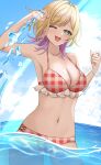  1girl absurdres bare_shoulders bikini blonde_hair blue_sky blush bracelet breasts cleavage cloud cloudy_sky collarbone colored_inner_hair commentary_request day ear_piercing earrings eyelashes fang fingernails green_eyes highres hoop_earrings jewelry kurumi_noah large_breasts looking_at_viewer medium_hair multicolored_hair nail_polish navel nikai one_eye_closed open_mouth outdoors piercing pink_hair pink_nails plaid_bikini plaid_clothes red_bikini skin_fang sky smile solo stomach swimsuit thighs two-tone_hair virtual_youtuber vspo! 