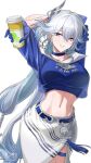  1girl absurdres alternate_costume arms_up blue_choker blue_gloves blue_shirt breasts chinese_commentary choker commentary_request crop_top cup earrings gloves grey_hair highres holding holding_cup honkai:_star_rail honkai_(series) jewelry large_breasts long_hair multicolored_eyes navel necklace shirt side_slit simple_background skirt smile solo stomach tang_ke white_background white_skirt yao_guang_(chapanda)_(honkai:_star_rail) yao_guang_(honkai:_star_rail) 