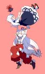  2girls blue_dress blue_hat bow carrying commentary_request dress fujiwara_no_mokou hair_bow hat itomugi-kun kamishirasawa_keine lifting_person long_hair multiple_girls pants pink_background red_eyes red_pants shirt shoes short_sleeves simple_background suspenders sweatdrop torn_clothes torn_sleeves touhou unworn_hat unworn_headwear white_hair white_shirt 