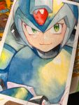  1boy arm_cannon armor blue_armor blue_helmet closed_mouth commentary_request diglett forehead_jewel green_eyes helmet looking_at_viewer male_focus mega_man_(series) mega_man_x_(series) photo_(medium) pokemon pokemon_(creature) smile solo traditional_media upper_body weapon x_(mega_man) yamanashi_taiki 