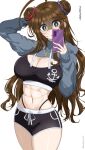  1girl abs ahoge alternate_costume alternate_hairstyle arm_behind_head black_shorts black_sports_bra blush breasts brown_hair cellphone chamumi_(mochiumee) cleavage commentary_request double_bun female_admiral_(kancolle) green_eyes grey_shrug hair_between_eyes hair_bun highres holding holding_phone kantai_collection large_breasts long_hair looking_at_phone midriff mole mole_on_breast mole_on_thigh mole_under_mouth panty_straps phone short_shorts shorts shrug_(clothing) sidelocks smartphone sports_bra translation_request 