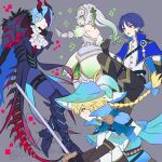  1girl 3boys aether_(genshin_impact) alternate_costume alternate_hairstyle alternate_universe aqua_feathers armor armored_dress ascot black_boots black_coat black_mask black_pants black_shorts blonde_hair blue_cape blue_capelet blue_gem blue_hair blue_hat blue_scarf blunt_ends boots bright_pupils brown_gloves brown_pantyhose cape capelet caramelo_game cavalier_hat closed_mouth coat coattails collared_cape couter cross-shaped_pupils detached_collar detached_sleeves dottore_(genshin_impact) dress drill_hair earrings elbow_gloves eye_mask eyelashes eyeliner feathers frilled_dress frills frown fur_trim gem genshin_impact gloves gradient_feathers greaves green_dress green_eyes green_hair green_sleeves grey_background hair_intakes hat hat_feather headpiece highres holding holding_sword holding_weapon horns jewelry knee_boots knee_up lapels legwear_garter long_hair magical_boy magical_girl makeup mandarin_collar mask medium_dress monster_boy multiple_boys mystical_high_collar nahida_(genshin_impact) open_hand open_mouth outstretched_arm pants pantyhose pauldrons plackart pointy_ears pom_pom_(clothes) puffy_sleeves purple_eyes purple_hair purple_pants red_eyeliner red_horns red_tail ringed_eyes scaramouche_(genshin_impact) scarf shirt short_sleeves shorts shoulder_armor side_ponytail sidelocks single_pauldron smile spiked_tail sword symbol-shaped_pupils tail tailcoat teeth tongue tsurime upper_teeth_only vambraces vision_(genshin_impact) wanderer_(genshin_impact) weapon white_ascot white_feathers white_hair white_pupils white_shirt white_sleeves yellow_eyes yellow_feathers 