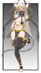  1girl @_@ absurdres alternate_costume arknights black_background black_sleeves black_thighhighs border breasts chinese_commentary closed_mouth commentary_request dancer detached_sleeves full_body gradient_background grey_background grey_hair hair_between_eyes highres indigo_(arknights) infection_monitor_(arknights) leg_up long_hair long_sleeves looking_at_viewer medium_breasts mouth_veil muusn navel outside_border pointy_ears rabbit_pose solo standing standing_on_one_leg stirrup_legwear tail tearing_up thighhighs toeless_legwear toes variant_set veil very_long_hair white_border 