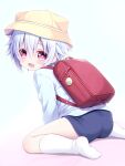 1boy absurdres ass backpack bag blue_background blue_hair blue_shirt blue_shorts blush double-parted_bangs full_body hair_between_eyes hat highres kindergarten_uniform kneehighs long_sleeves looking_at_viewer male_focus no_shoes open_mouth original pink_eyes randoseru school_hat shirt short_hair short_shorts shorts socks solo trap white_socks wo_xiang_kending_wo_ziji yellow_hat 