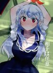  1girl arms_up blue_dress blush bound bound_wrists breasts cleavage closed_mouth collarbone dress flustered itomugi-kun kamishirasawa_keine long_hair looking_at_viewer lying missing_headwear multicolored_hair on_back on_floor rope solo sweat touhou two-tone_hair white_hair 