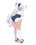  1girl ? absurdres ass back black_bow blue_archive blue_halo blue_one-piece_swimsuit bow choon_sik2 commentary_request frilled_one-piece_swimsuit frills from_behind full_body grey_hair hair_bow halo hand_on_own_knee highres kneepits korean_commentary leaning_forward long_hair miyako_(blue_archive) miyako_(swimsuit)_(blue_archive) official_alternate_costume one-piece_swimsuit ponytail sandals shadow sidelocks simple_background solo swimsuit thighs very_long_hair white_background 