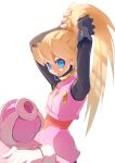  1girl adjusting_hair black_bodysuit blonde_hair blue_eyes bodysuit ciel_(mega_man) commentary_request cowboy_shot gloves helmet high_ponytail highres long_hair mega_man_(series) mega_man_zero_(series) mouth_hold omochi_(mochi_skymega) pink_helmet pink_shirt pink_skirt ponytail shirt simple_background skirt solo standing unworn_gloves unworn_headwear unworn_helmet white_background white_gloves 