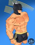  1boy abs absurdres bara batman batman_(series) biceps black_male_swimwear bulge closed_mouth commentary dc_comics english_commentary hand_on_own_hip highres jaxcian looking_to_the_side male_focus male_swimwear masked muscular muscular_male navel nipples patreon_logo patreon_username pectorals topless_male 