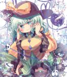  1girl black_hat black_thighhighs blush bow breasts buttons closed_mouth collared_shirt commentary_request diamond_button disembodied_linked_eye eyeball frilled_shirt_collar frilled_skirt frilled_sleeves frills green_eyes green_hair green_skirt hands_on_own_cheeks hands_on_own_face hat hat_bow heart heart_of_string highres kemo_chiharu komeiji_koishi large_breasts long_sleeves looking_at_viewer medium_hair shirt skirt smile solo thighhighs touhou wide_sleeves yellow_bow yellow_shirt 